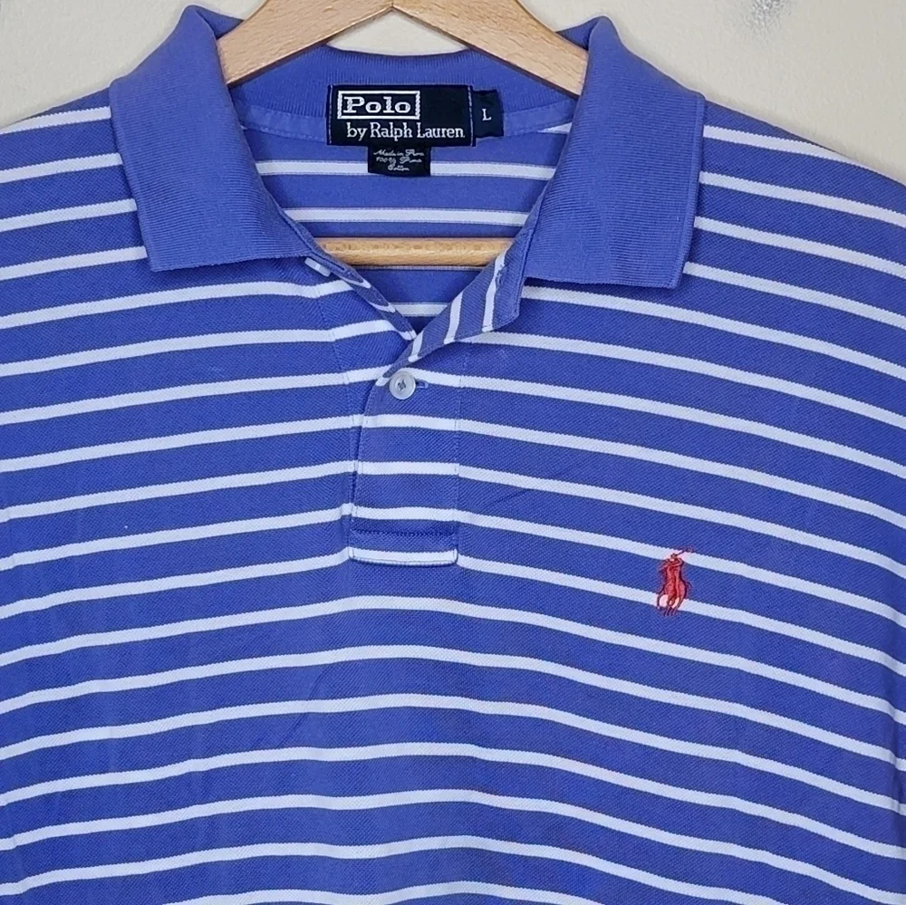 Polo by Ralph Lauren Blue Striped Short Sleeve Polo Shirt Size Large Preppy